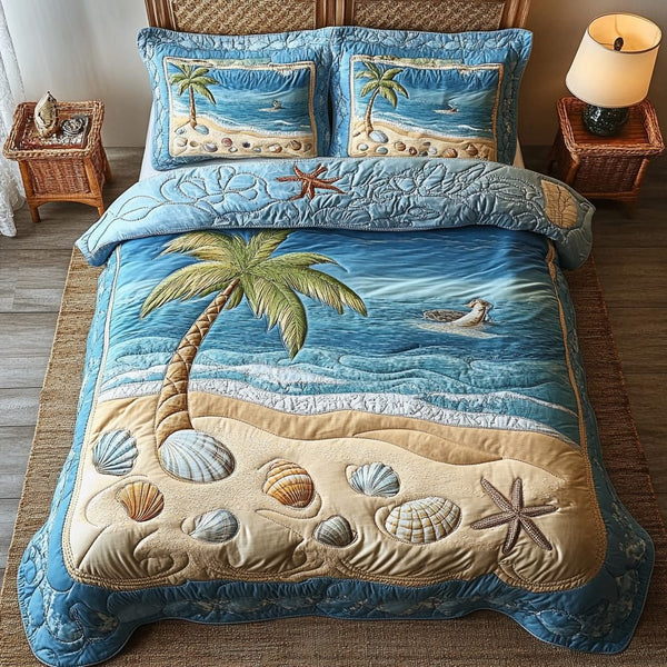 Seaside Serenity quilted 3-piece bedding set on a made bed in a light coastal bedroom