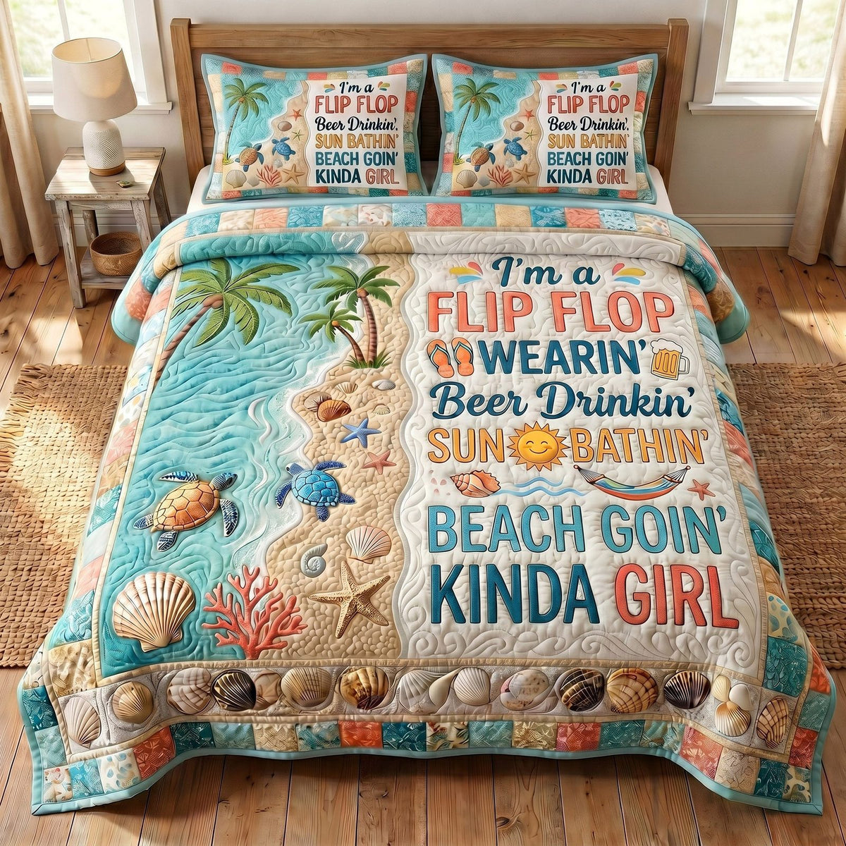 Seaside Serenity quilted 3-piece bedding set on a made bed in a light coastal bedroom