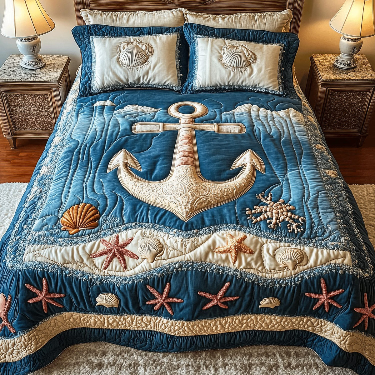 Seaside Serenity quilted 3-piece bedding set on a made bed in a light coastal bedroom