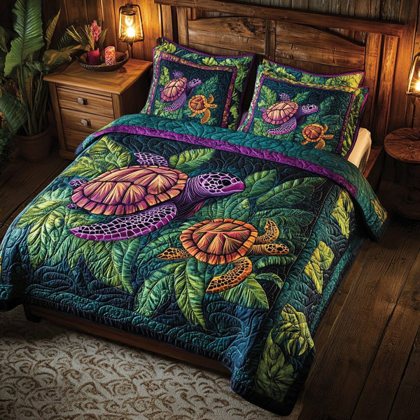 Seaside Serenity quilted 3-piece bedding set on a made bed in a light coastal bedroom