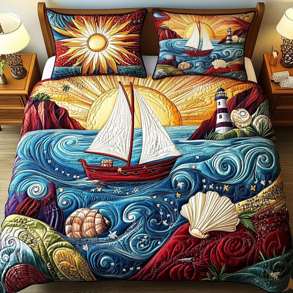 Seaside Serenity quilted 3-piece bedding set on a made bed in a light coastal bedroom