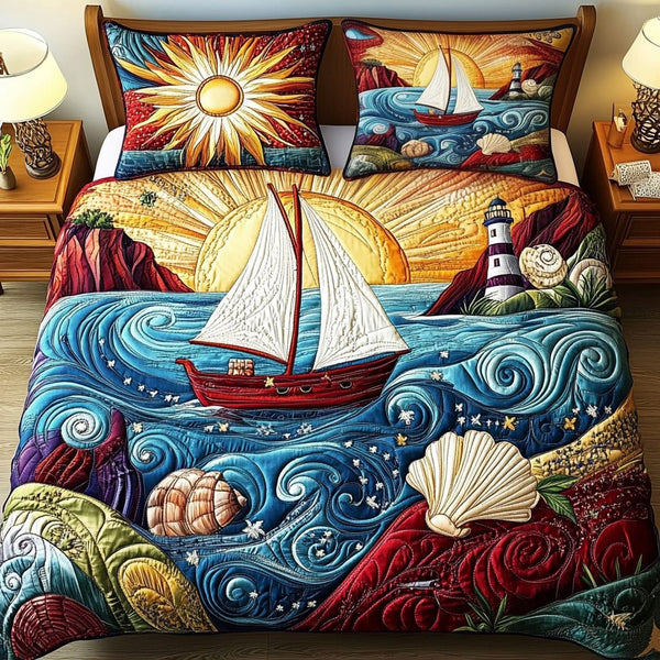 Seaside Serenity quilted 3-piece bedding set on a made bed in a light coastal bedroom