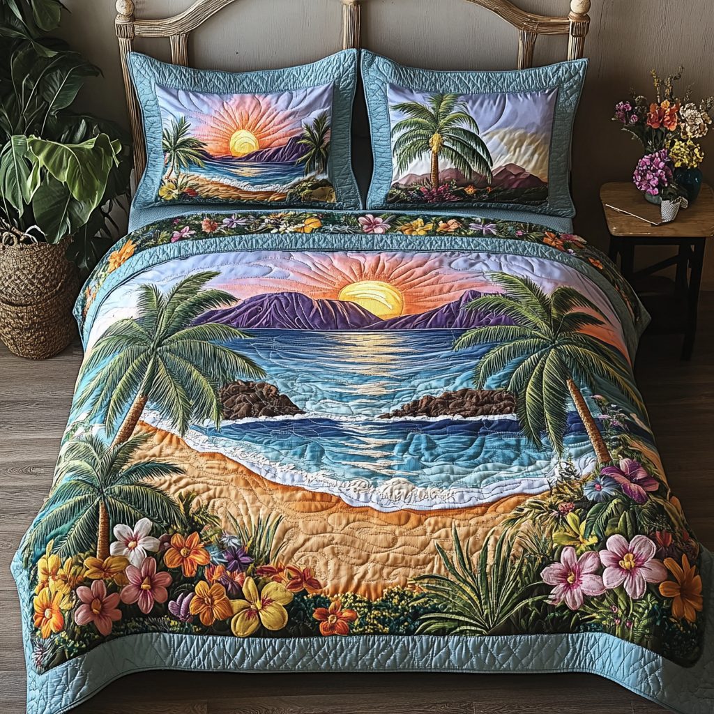 Seaside Serenity quilted 3-piece bedding set on a made bed in a light coastal bedroom