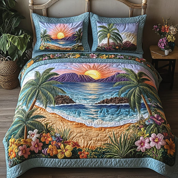 Seaside Serenity quilted 3-piece bedding set on a made bed in a light coastal bedroom