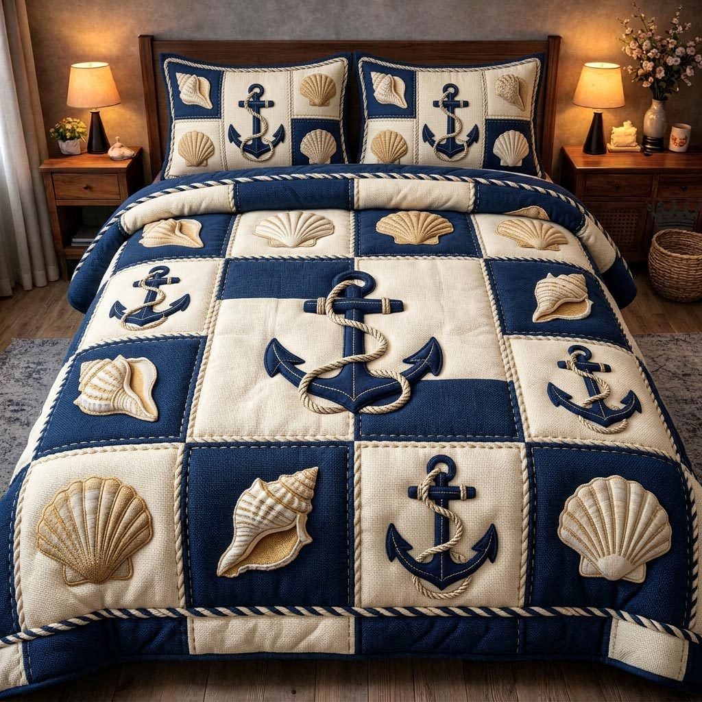 Seaside Shells quilted 3-piece bedding set on a made bed in a light coastal bedroom