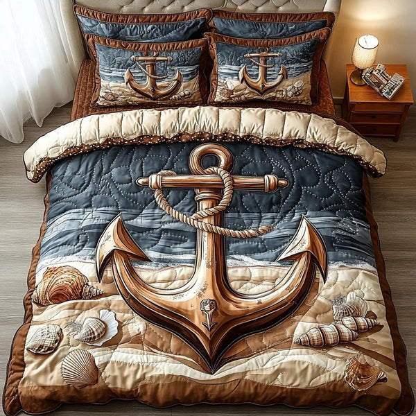 Seaside Slumber quilted 3-piece bedding set on a made bed in a light coastal bedroom