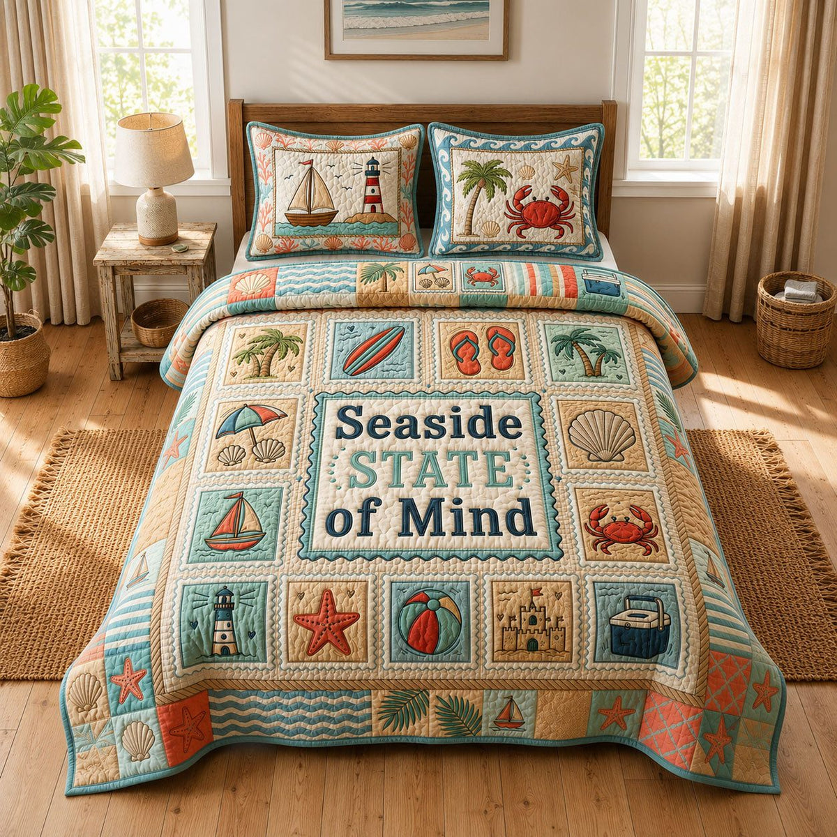 Seaside State Of Mind quilted 3-piece bedding set on a made bed in a light coastal bedroom