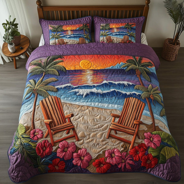 Seaside Sunset Chairs quilted 3-piece bedding set on a made bed in a light coastal bedroom