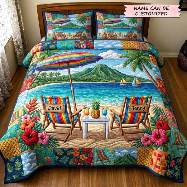 Seaside Together 3-Piece Quilted Bedding Set QTCUZ - Design 1 quilted 3-piece bedding set on a made bed in a light coastal bedroom