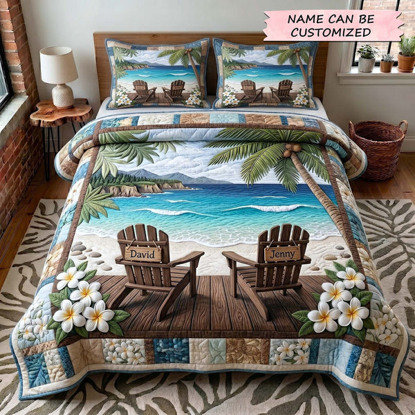 Seaside Together 3-Piece Quilted Bedding Set QTCUZ - Design 2 quilted 3-piece bedding set on a made bed in a light coastal bedroom