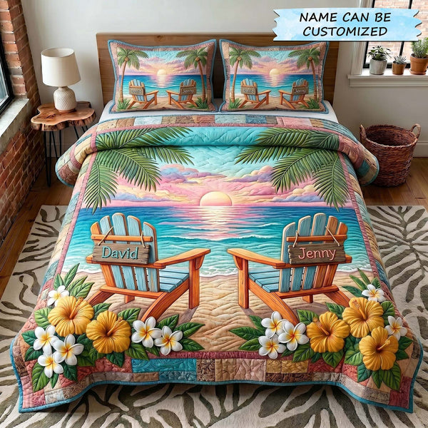 Seaside Together 3-Piece Quilted Bedding Set QTCUZ - Design 3 quilted 3-piece bedding set on a made bed in a light coastal bedroom