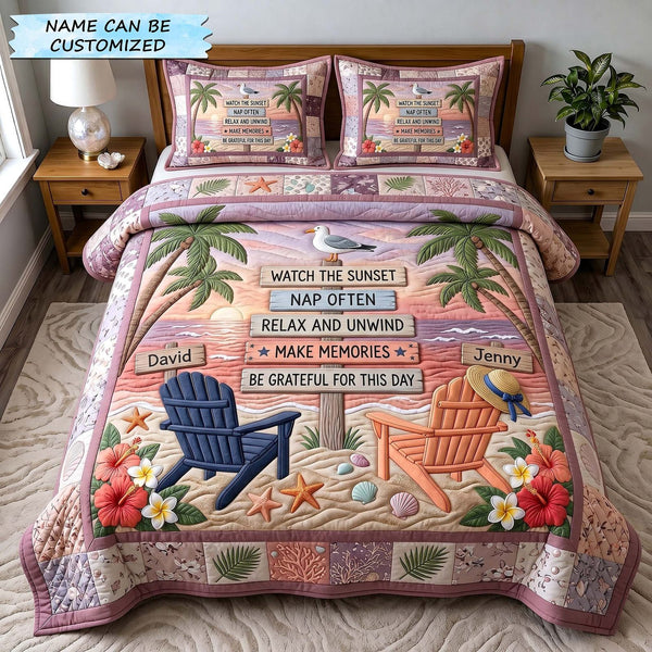 Seaside Together 3-Piece Quilted Bedding Set QTCUZ - Design 4 quilted 3-piece bedding set on a made bed in a light coastal bedroom