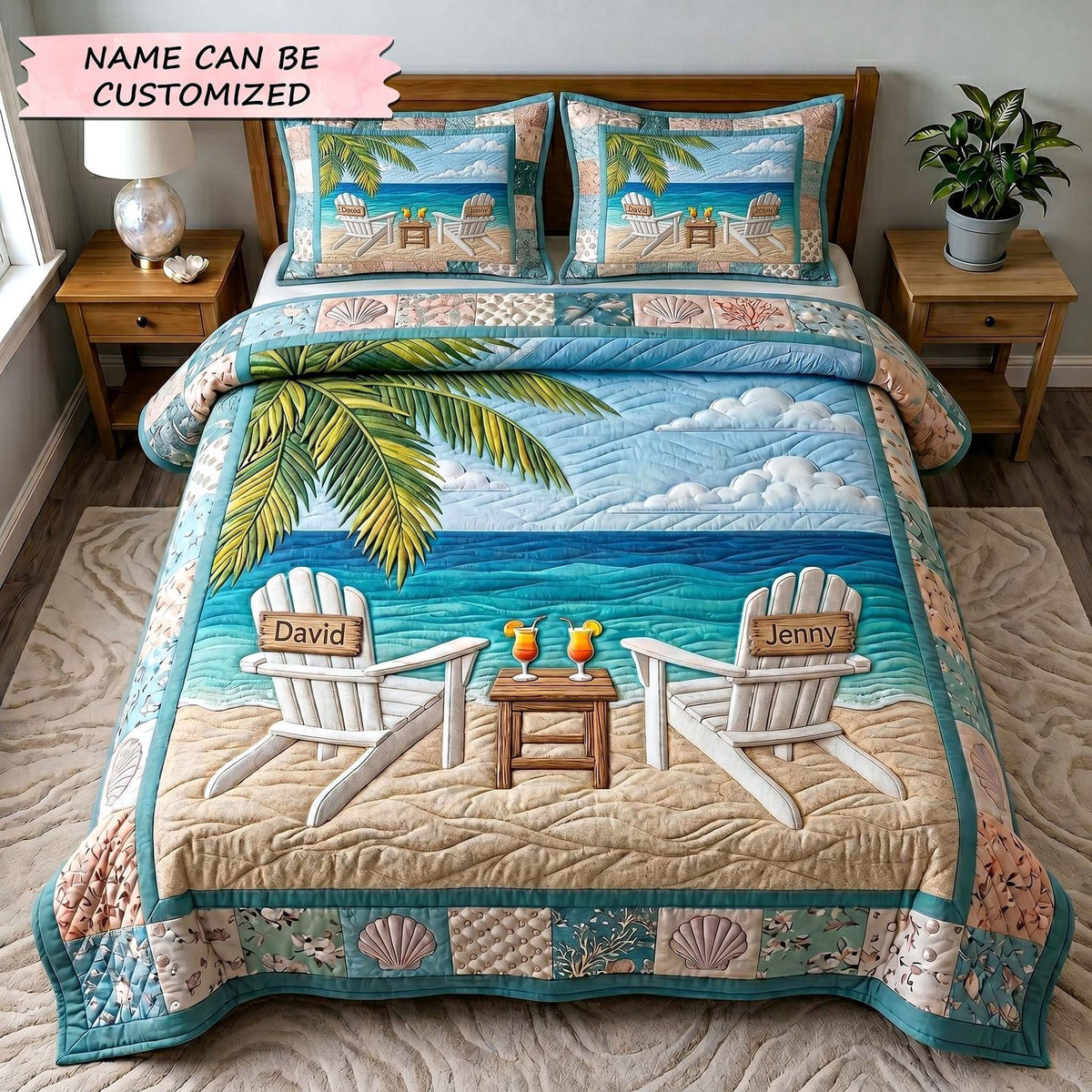 Seaside Together 3-Piece Quilted Bedding Set QTCUZ - Design 5 quilted 3-piece bedding set on a made bed in a light coastal bedroom