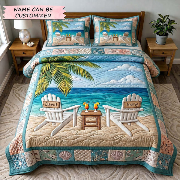 Seaside Together 3-Piece Quilted Bedding Set QTCUZ - Design 5 quilted 3-piece bedding set on a made bed in a light coastal bedroom