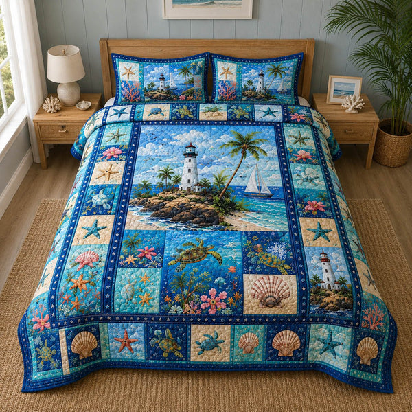 Seaside Treasures quilted 3-piece bedding set on a made bed in a light coastal bedroom