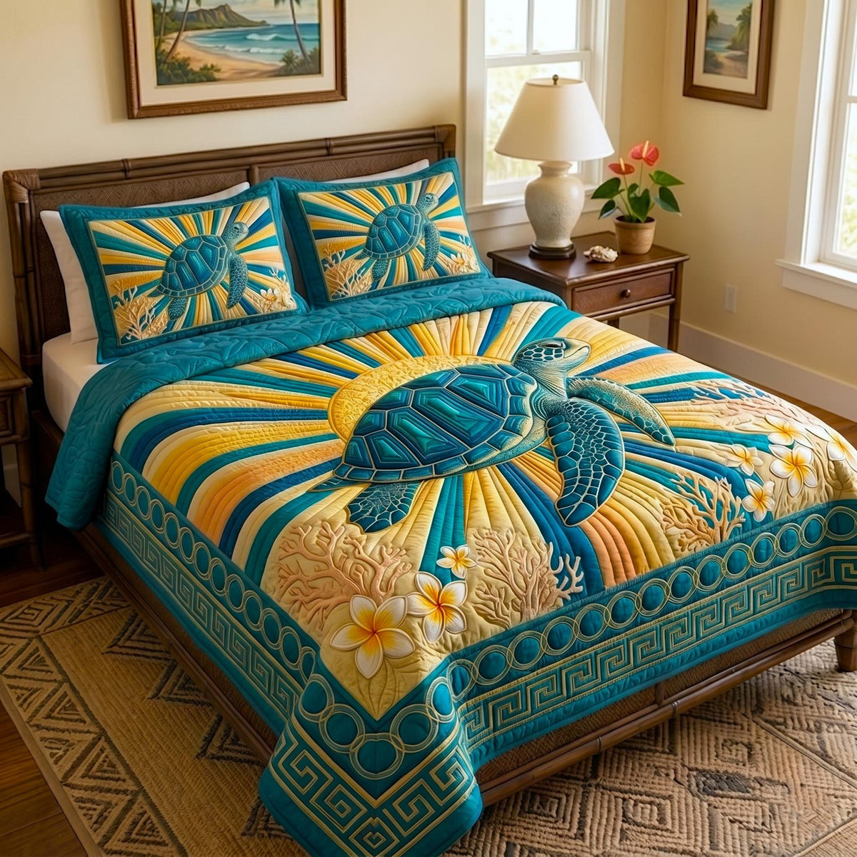 Seaside Turtle quilted 3-piece bedding set on a made bed in a light coastal bedroom