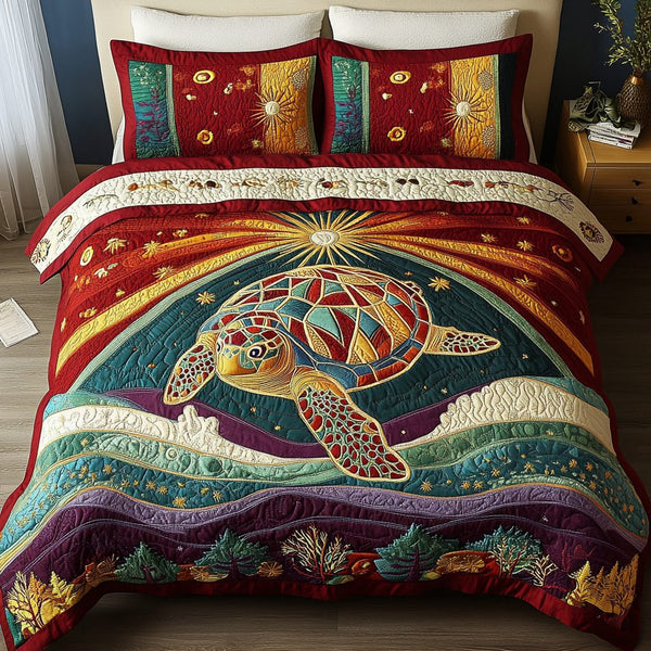 Seaside Turtle quilted 3-piece bedding set on a made bed in a light coastal bedroom