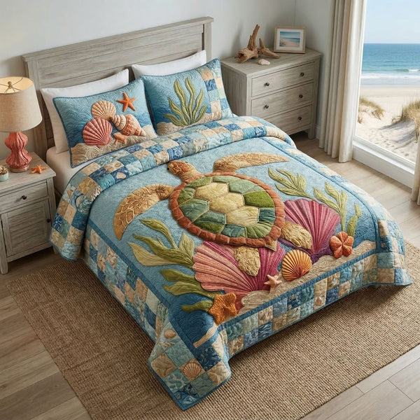 Seaside Turtle quilted 3-piece bedding set on a made bed in a light coastal bedroom