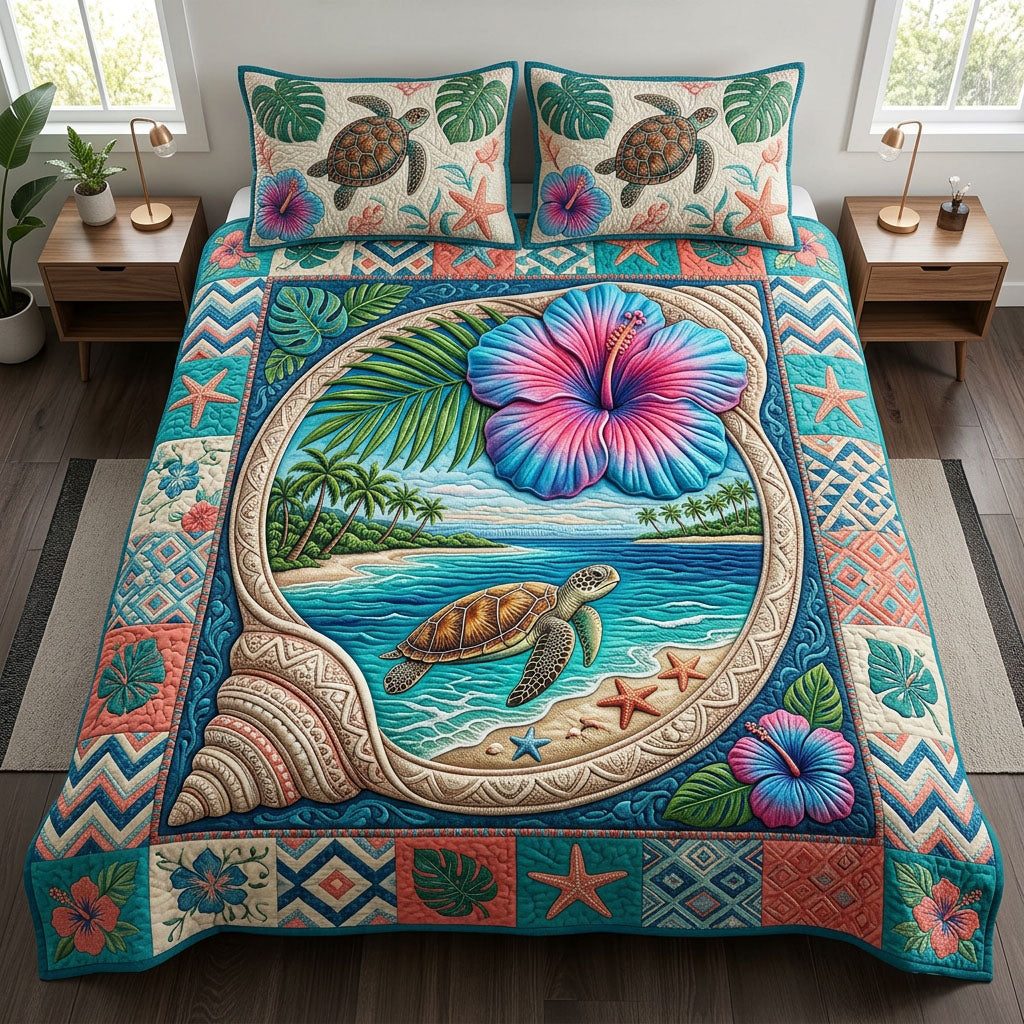 Seaside View quilted 3-piece bedding set on a made bed in a light coastal bedroom