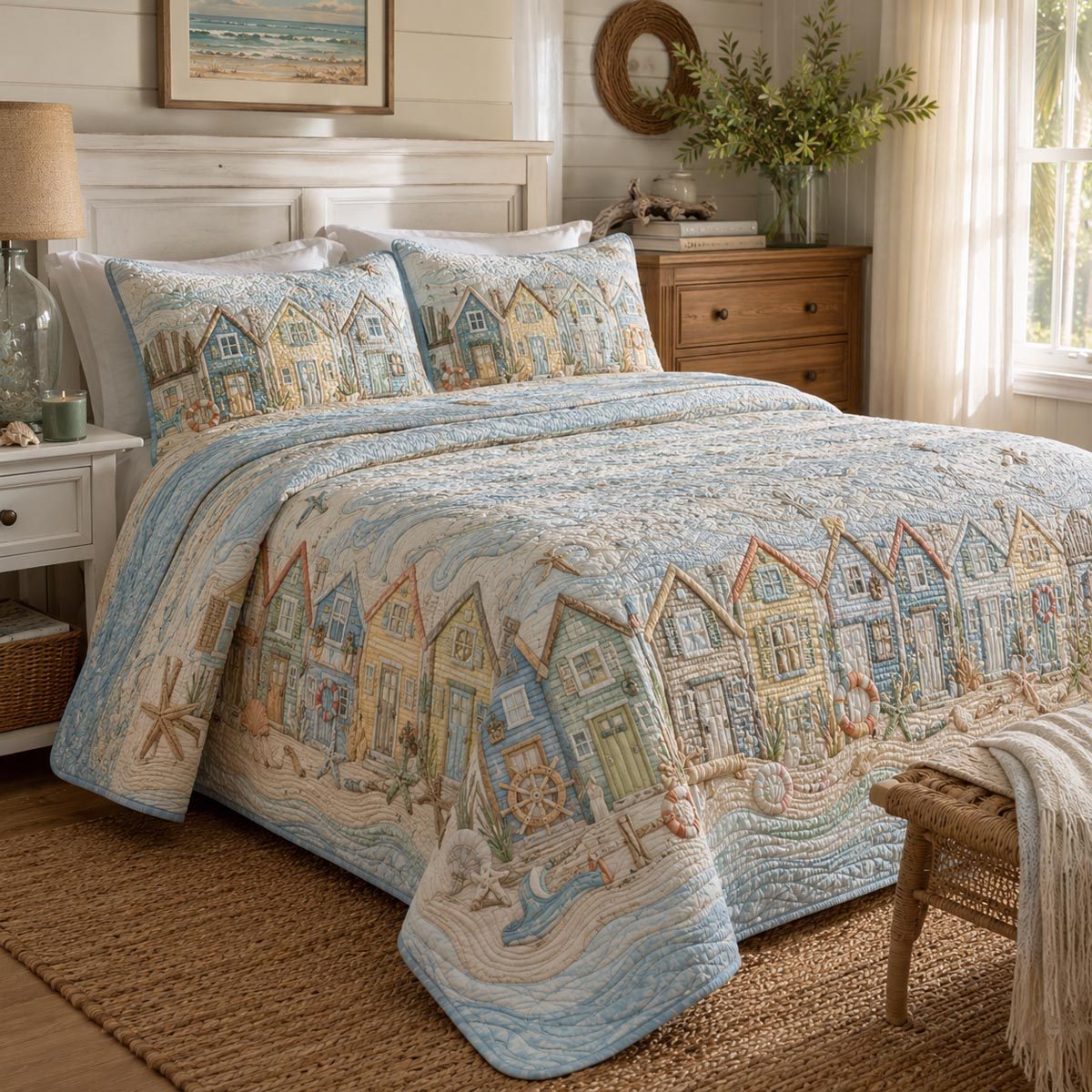 Seaside Village quilted 3-piece bedding set on a made bed in a light coastal bedroom