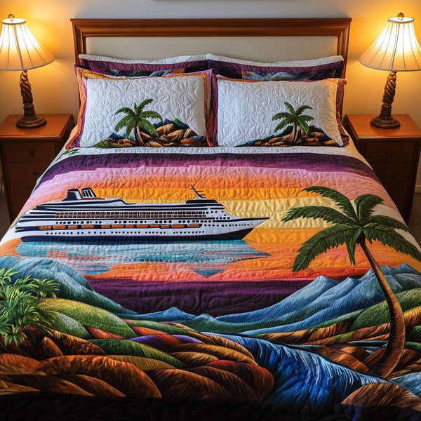 Seaside Voyager quilted 3-piece bedding set on a made bed in a light coastal bedroom