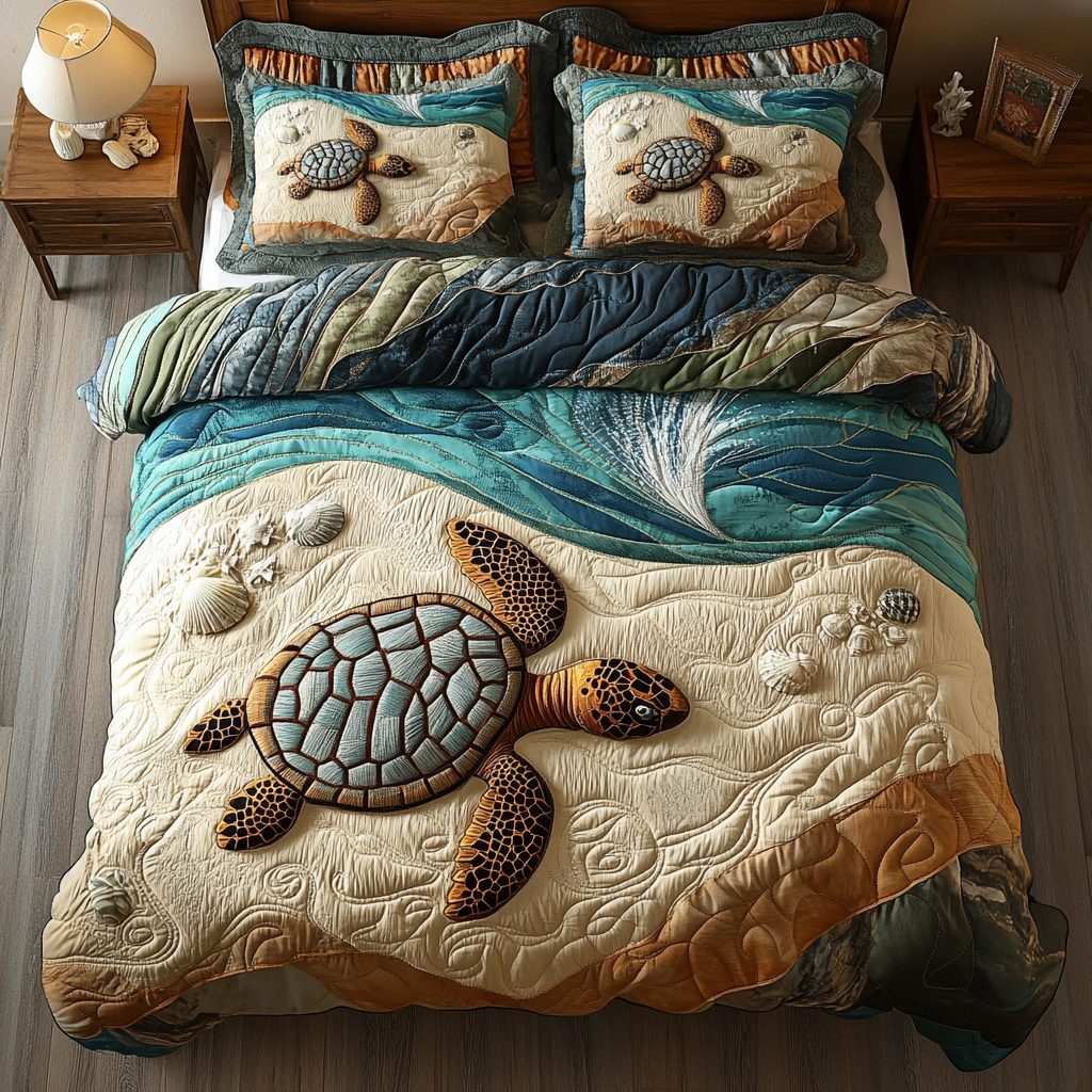 Seaside Wanderer quilted 3-piece bedding set on a made bed in a light coastal bedroom