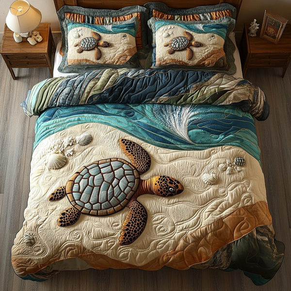 Seaside Wanderer quilted 3-piece bedding set on a made bed in a light coastal bedroom