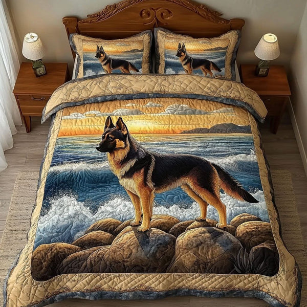 Seaside Watch quilted 3-piece bedding set on a made bed in a light coastal bedroom
