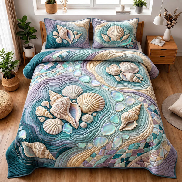 Seaside Whisper quilted 3-piece bedding set on a made bed in a light coastal bedroom