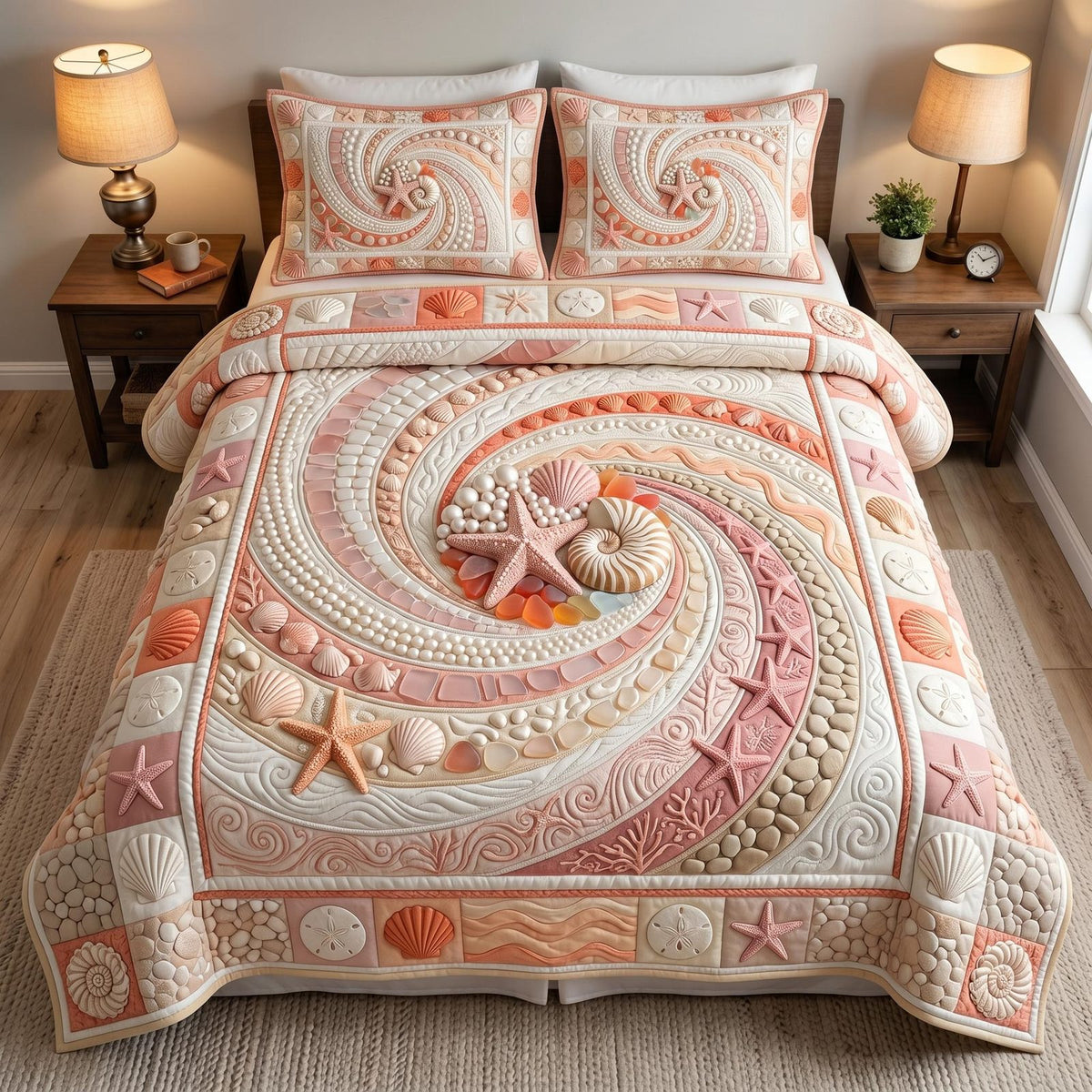 Seaside Whisper quilted 3-piece bedding set on a made bed in a light coastal bedroom