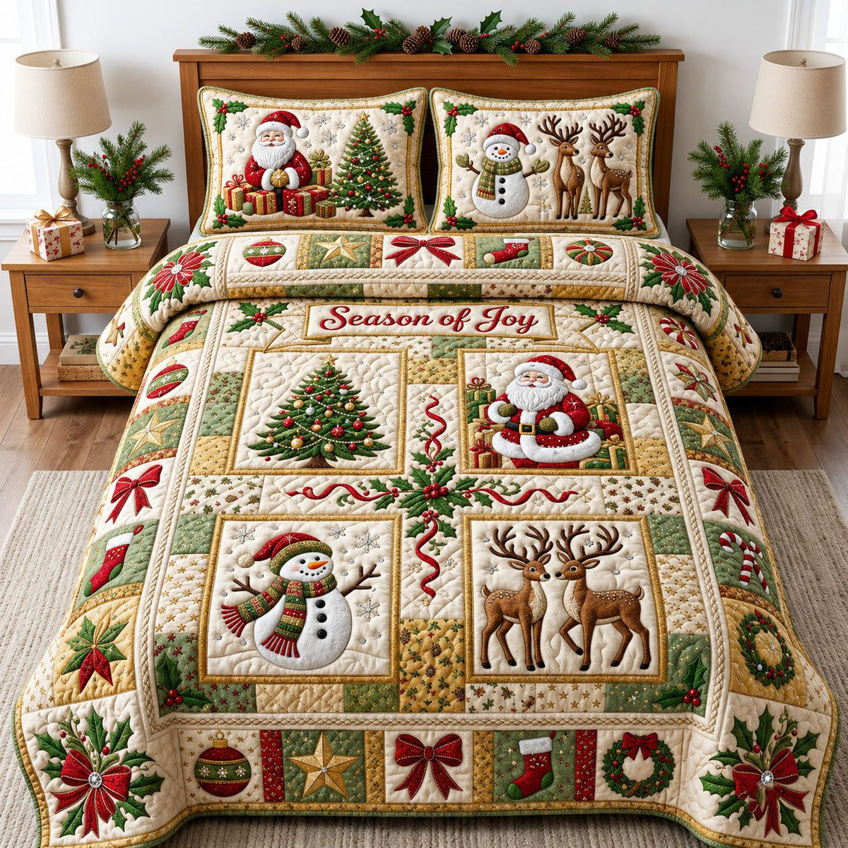 Season of Joy quilted 3-piece bedding set on a made bed with two matching pillow shams