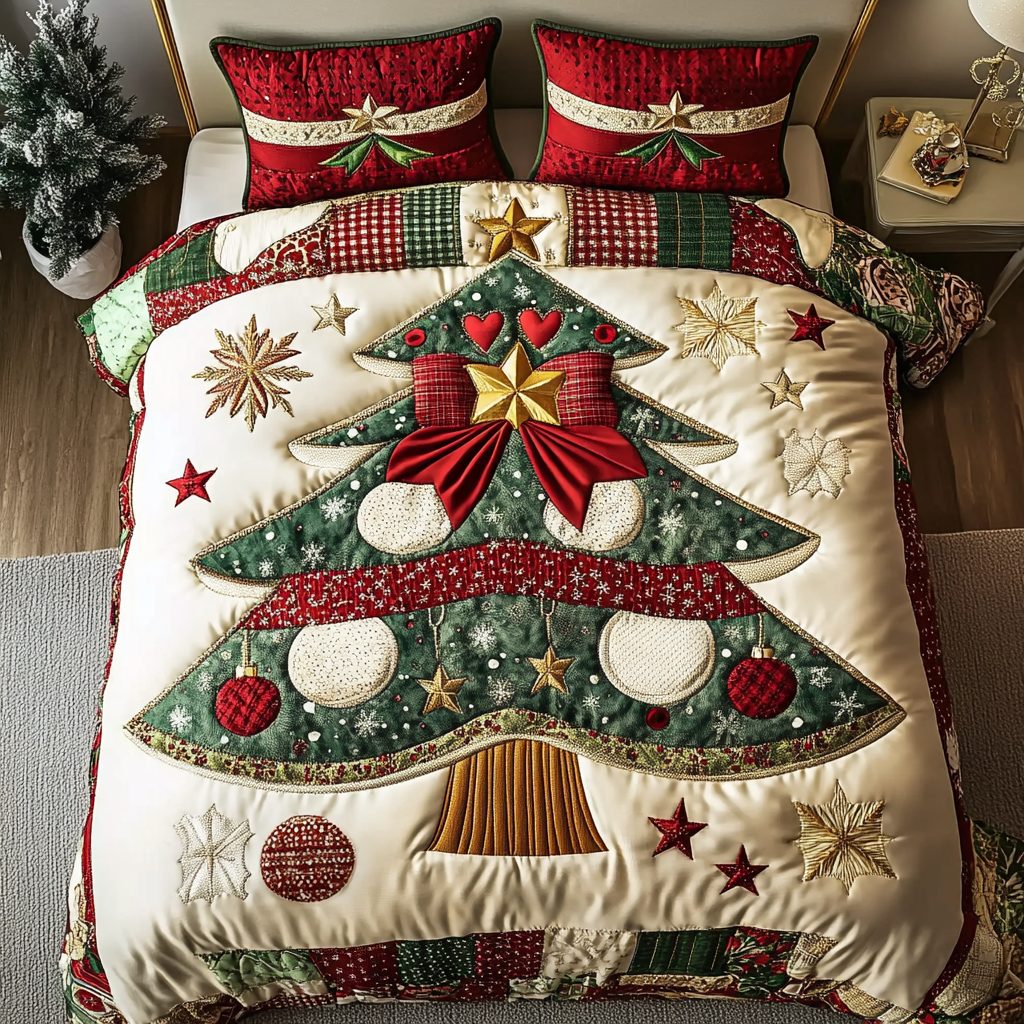 Seasonal Glow quilted 3-piece bedding set on a made bed with two matching pillow shams
