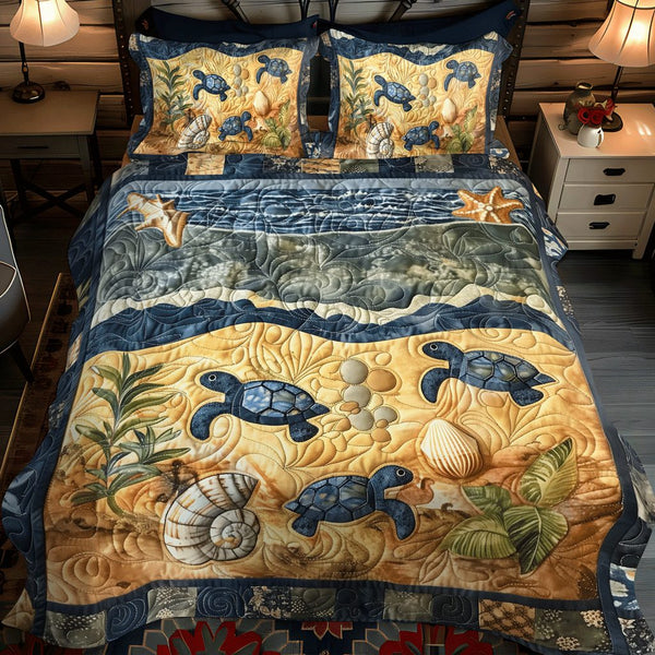 Seaward Hatchlings quilted 3-piece bedding set on a made bed with two matching pillow shams