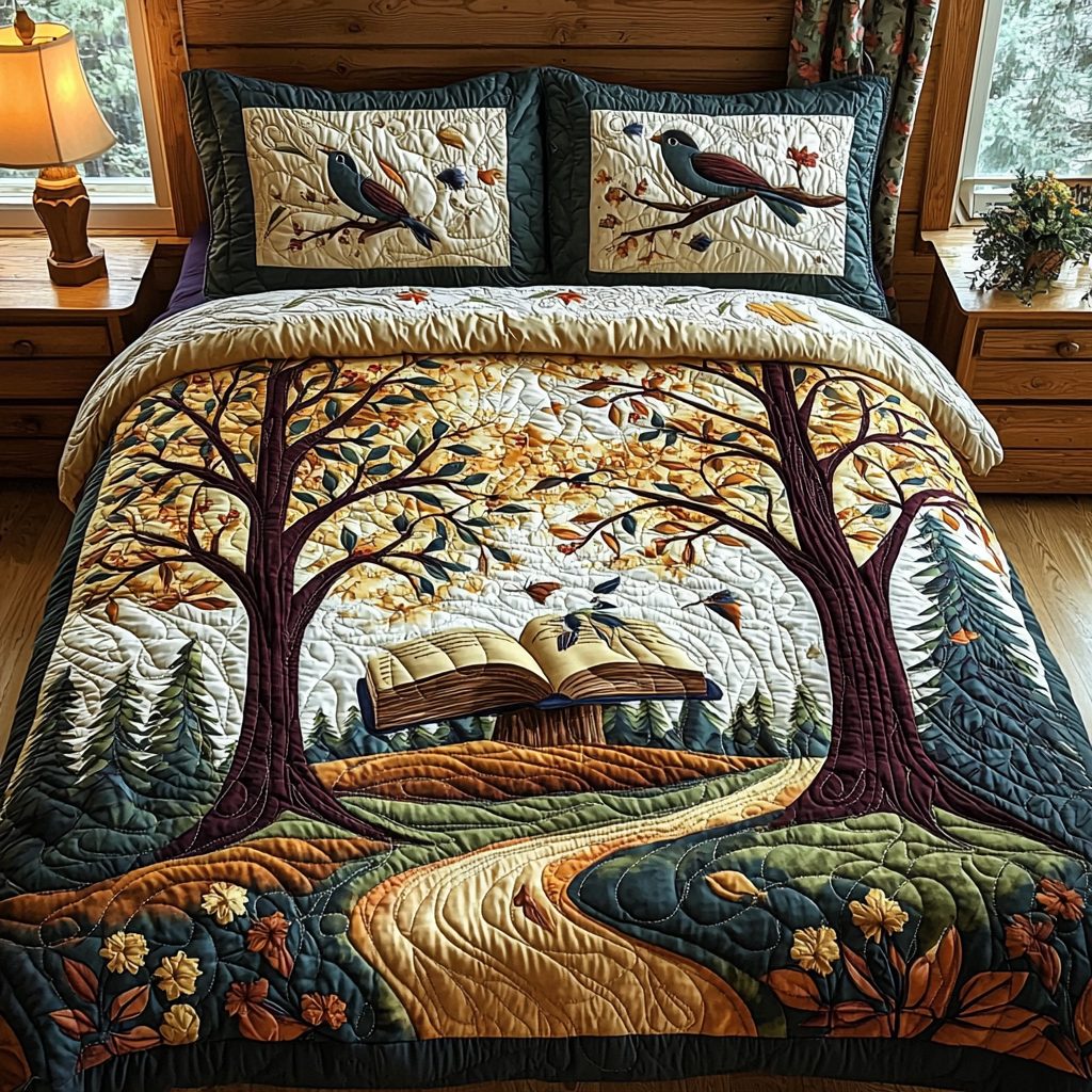 Secret Chapter quilted 3-piece bedding set on a made bed with two matching pillow shams