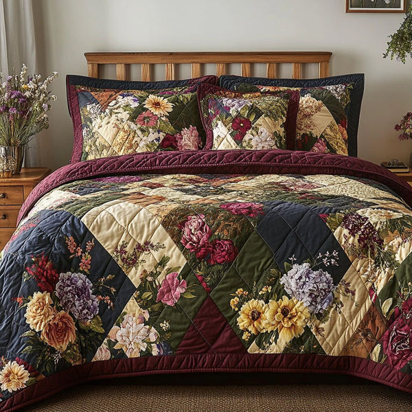 Secret Garden Blooms quilted 3-piece bedding set on a made bed with two matching pillow shams