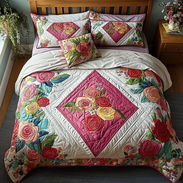 Secret Garden quilted 3-piece bedding set on a made bed with two matching pillow shams