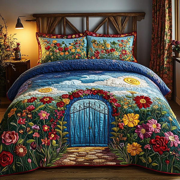Secret Garden quilted 3-piece bedding set on a made bed with two matching pillow shams