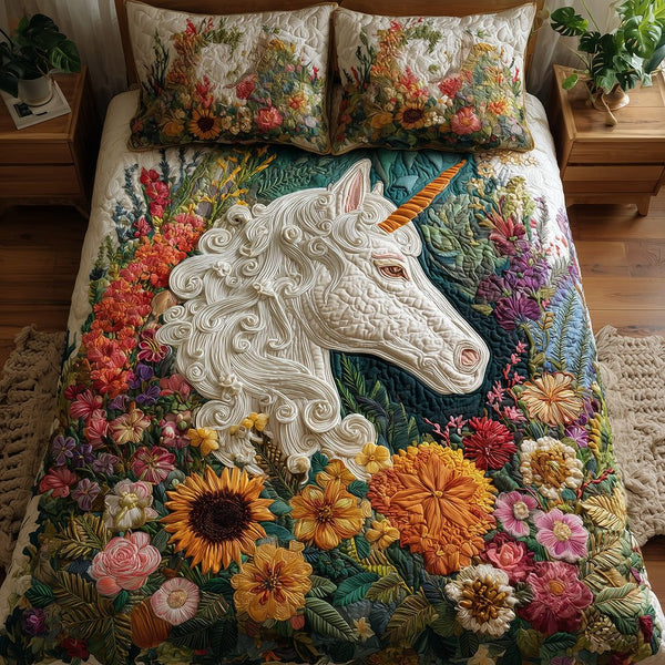 Secret Garden Unicorn quilted 3-piece bedding set on a made bed with two matching pillow shams