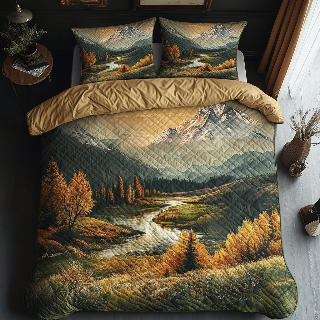 Secret Hollow quilted 3-piece bedding set on a made bed with two matching pillow shams