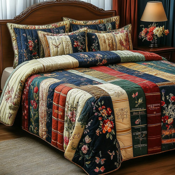 Secret Library quilted 3-piece bedding set on a made bed with two matching pillow shams