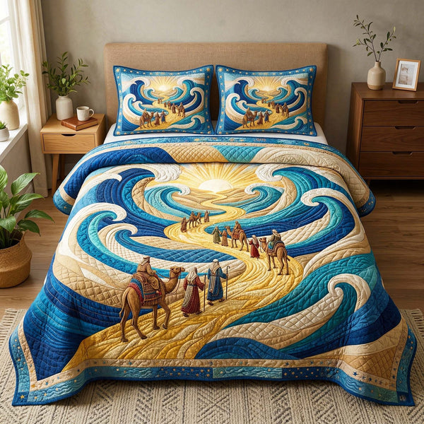 Seder Journey quilted 3-piece bedding set on a made bed with two matching pillow shams