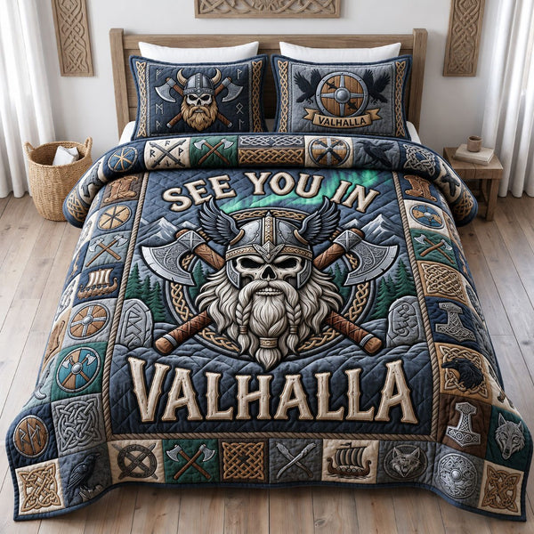 See You In Valhalla quilted 3-piece bedding set on a made bed with two matching pillow shams