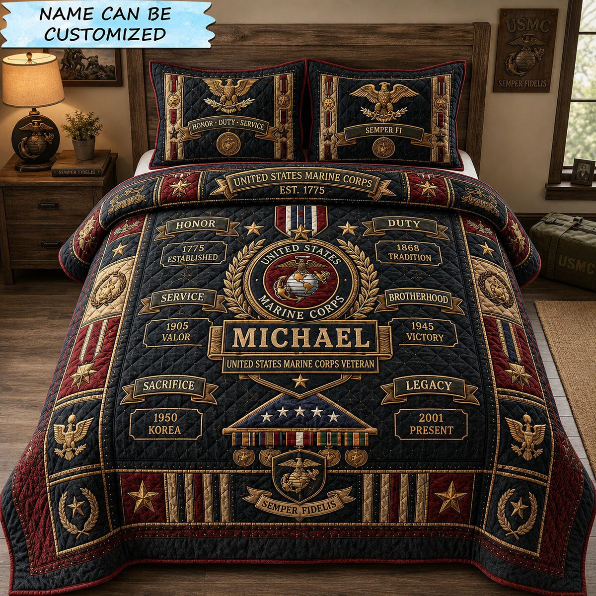 Semper Fidelis Heritage quilted 3-piece bedding set on a made bed in a farmhouse bedroom