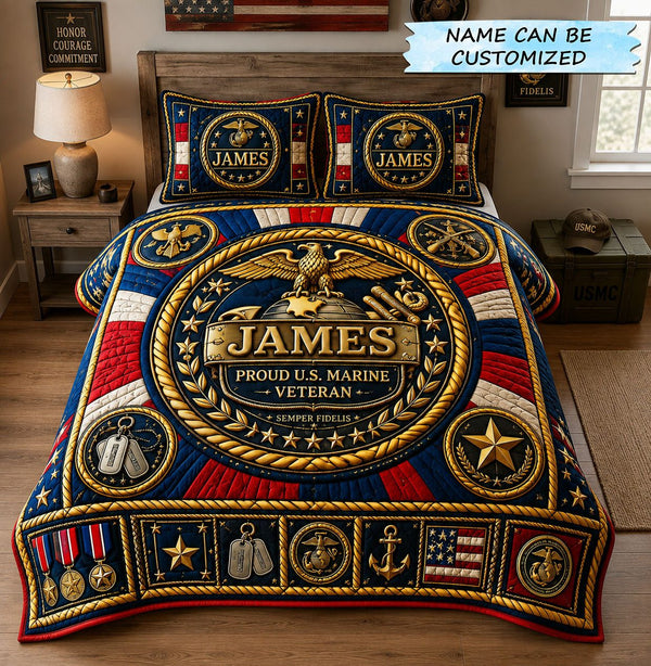 Semper Fidelis Marine Legacy quilted 3-piece bedding set on a made bed in a warmly lit bedroom