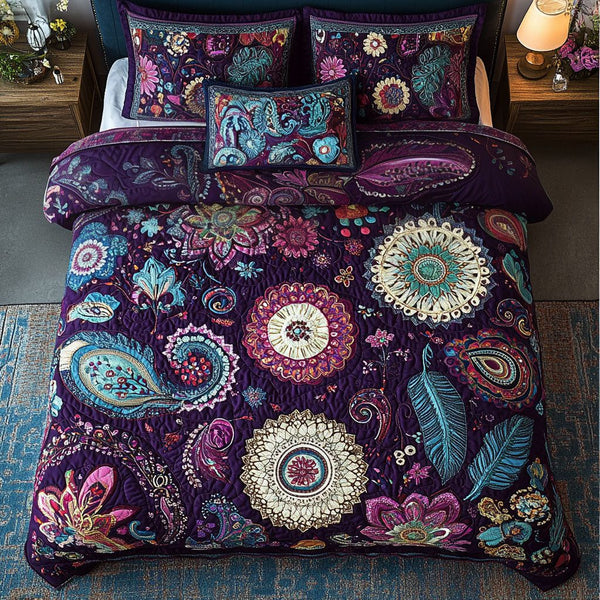 Serendipity Garden quilted 3-piece bedding set on a made bed with two matching pillow shams