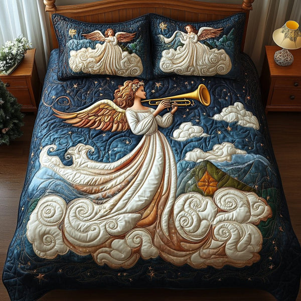 Serene Angel quilted 3-piece bedding set on a made bed in a softly lit bedroom