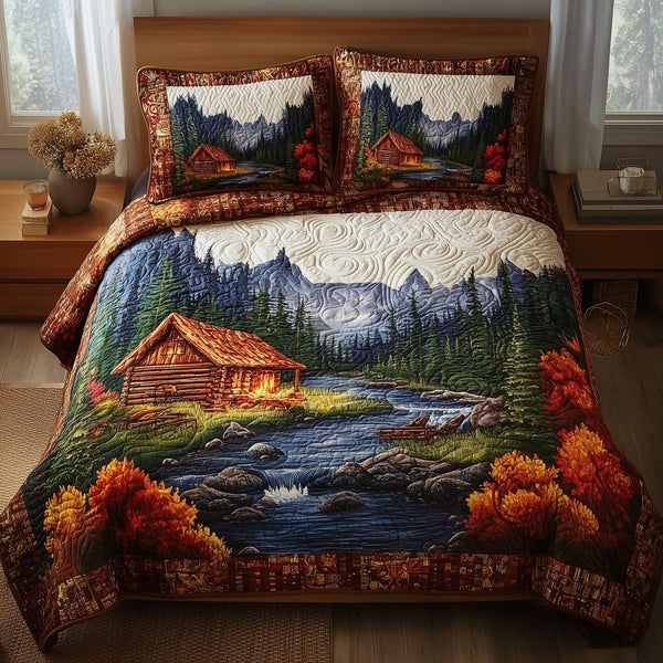 Serene Autumn Bliss quilted 3-piece bedding set on a made bed with two matching pillow shams