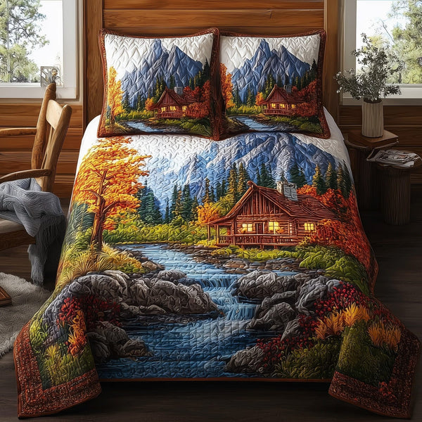 Serene Autumn Bliss quilted 3-piece bedding set on a made bed with two matching pillow shams