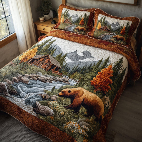 Serene Autumn Bliss quilted 3-piece bedding set on a made bed with two matching pillow shams