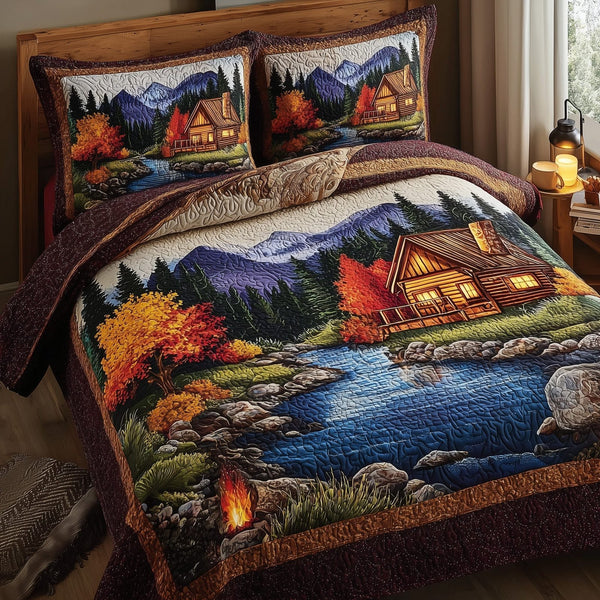 Serene Autumn Bliss quilted 3-piece bedding set on a made bed with two matching pillow shams